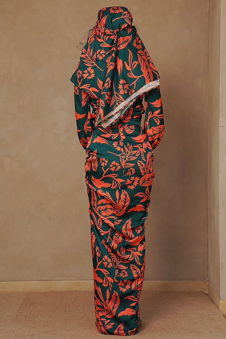 Green & Orange Armani Satin Floral Printed Draped Kaftan Dress by Vesture at Pernia's Pop Up Shop