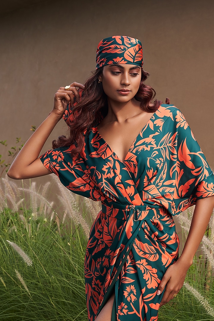 Green & Orange Armani Satin Floral Printed Draped Kaftan Dress by Vesture at Pernia's Pop Up Shop