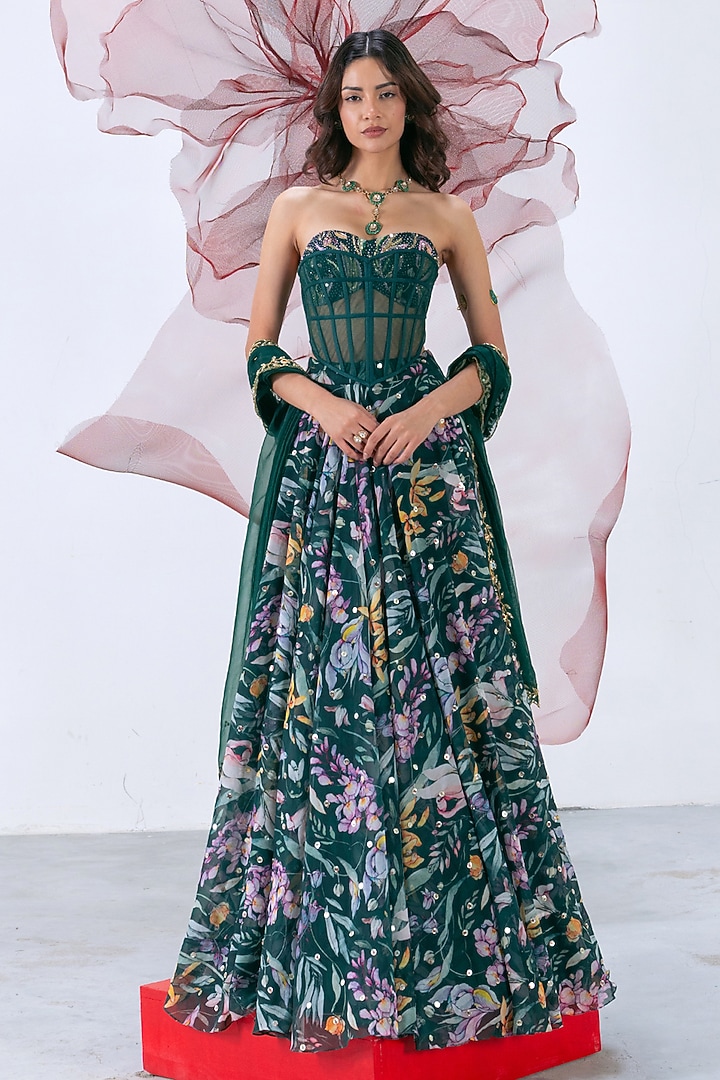 Green Organza Printed & Cutdana Work Skirt Set by Vesture at Pernia's Pop Up Shop