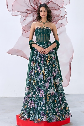Green Organza Printed & Cutdana Work Skirt Set by Vesture
