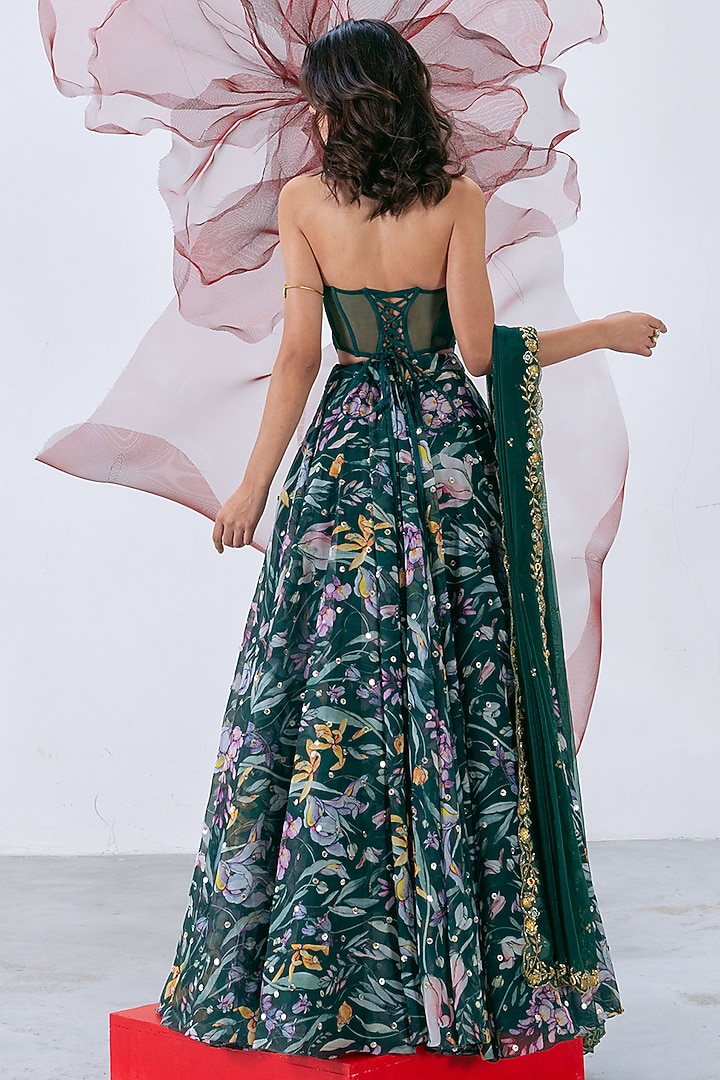 Green Organza Printed & Cutdana Work Skirt Set by Vesture at Pernia's Pop Up Shop