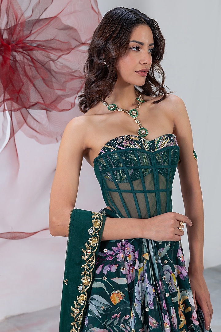 Green Organza Printed & Cutdana Work Skirt Set by Vesture at Pernia's Pop Up Shop