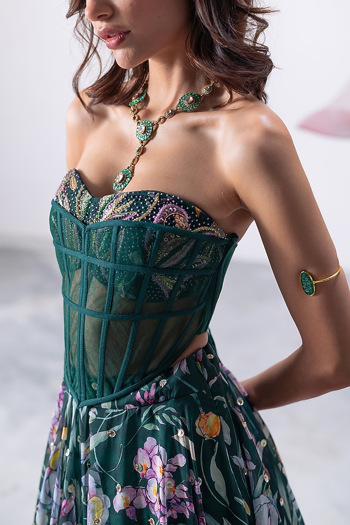Green Organza Printed & Cutdana Work Skirt Set by Vesture at Pernia's Pop Up Shop