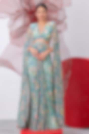 Green Mesh Lycra Printed Draped Party Wear Gown by Vesture at Pernia's Pop Up Shop