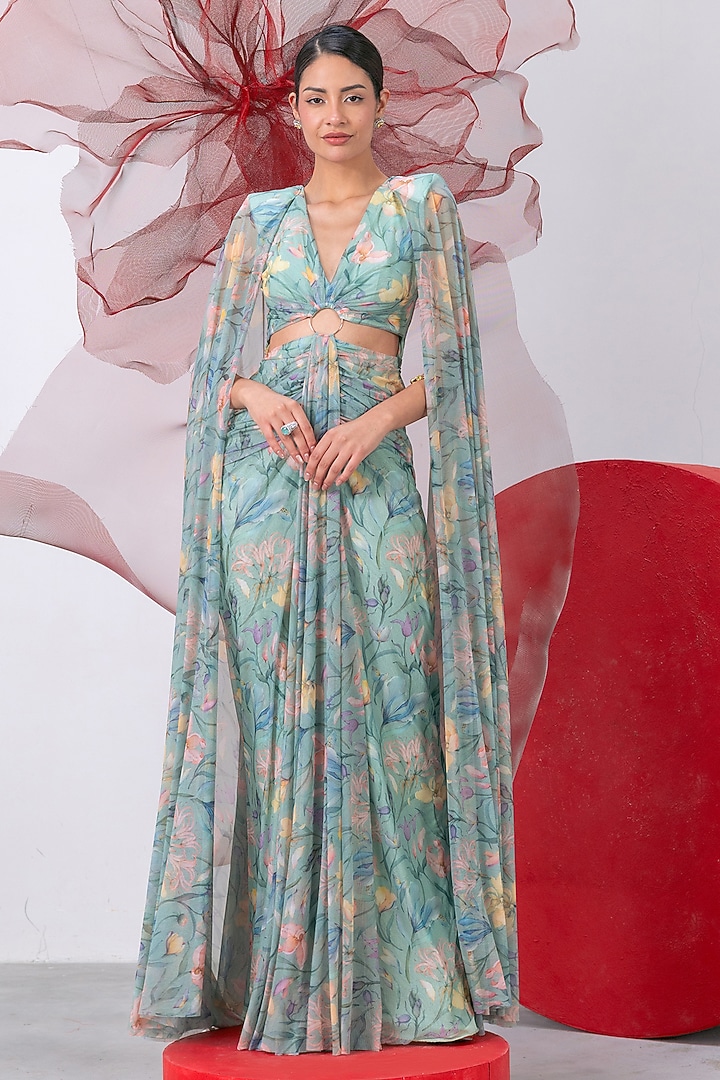 Green Mesh Lycra Printed Draped Party Wear Gown by Vesture at Pernia's Pop Up Shop