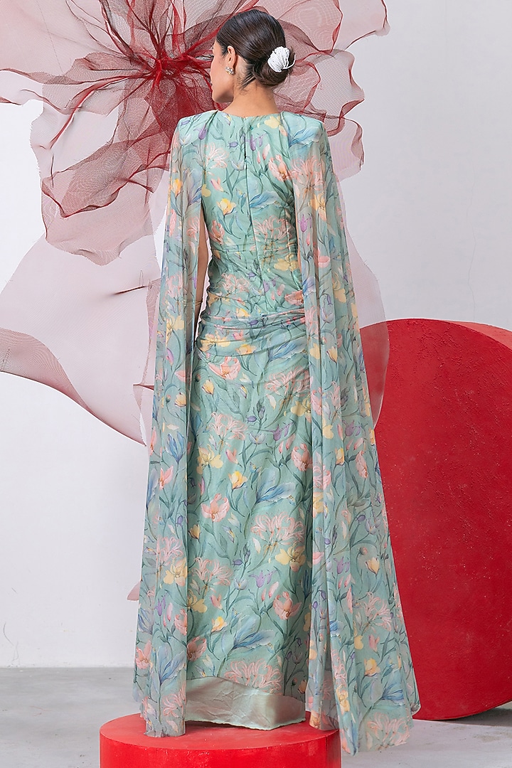 Green Mesh Lycra Printed Draped Party Wear Gown by Vesture at Pernia's Pop Up Shop