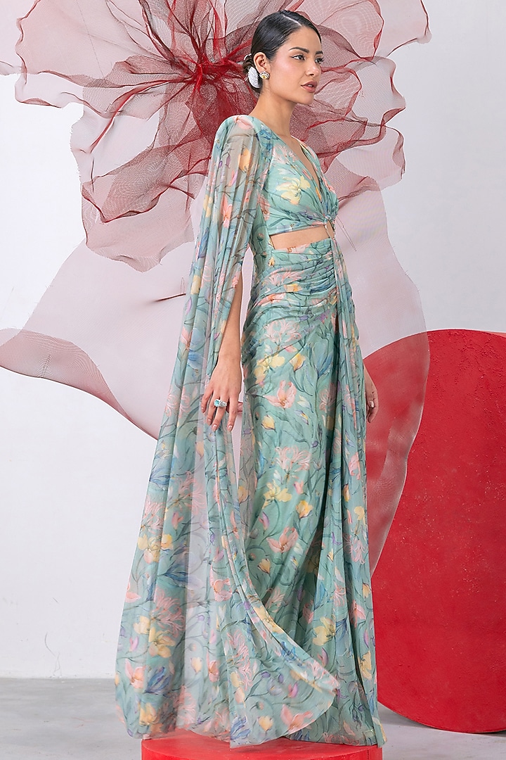 Green Mesh Lycra Printed Draped Party Wear Gown by Vesture at Pernia's Pop Up Shop