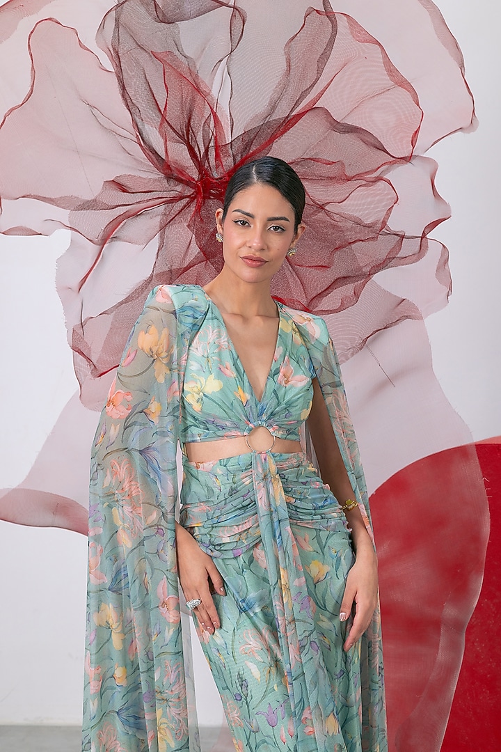 Green Mesh Lycra Printed Draped Party Wear Gown by Vesture at Pernia's Pop Up Shop