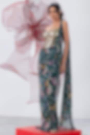 Green Mesh Lycra Printed Draped Wedding Saree Set by Vesture at Pernia's Pop Up Shop
