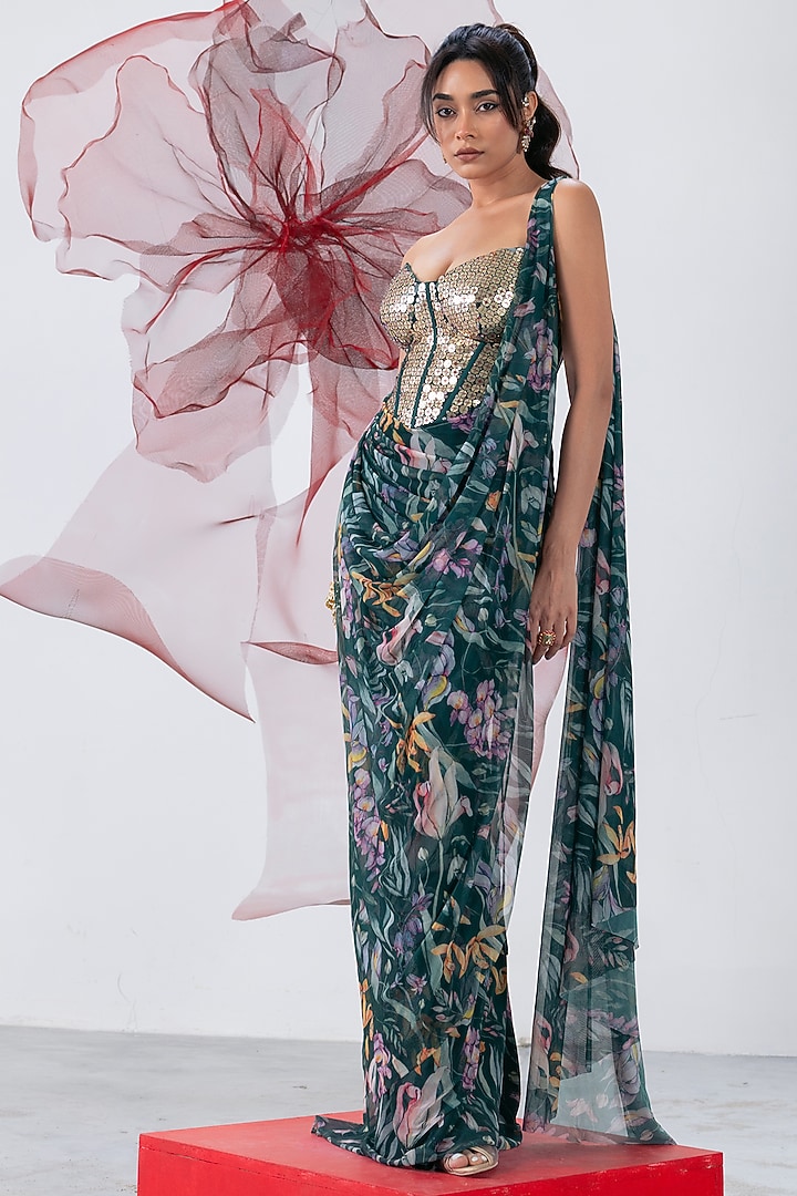 Green Mesh Lycra Printed Draped Wedding Saree Set by Vesture at Pernia's Pop Up Shop