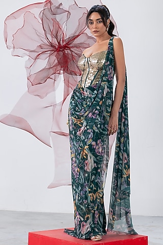 Green Mesh Lycra Printed Draped Saree Set by Vesture