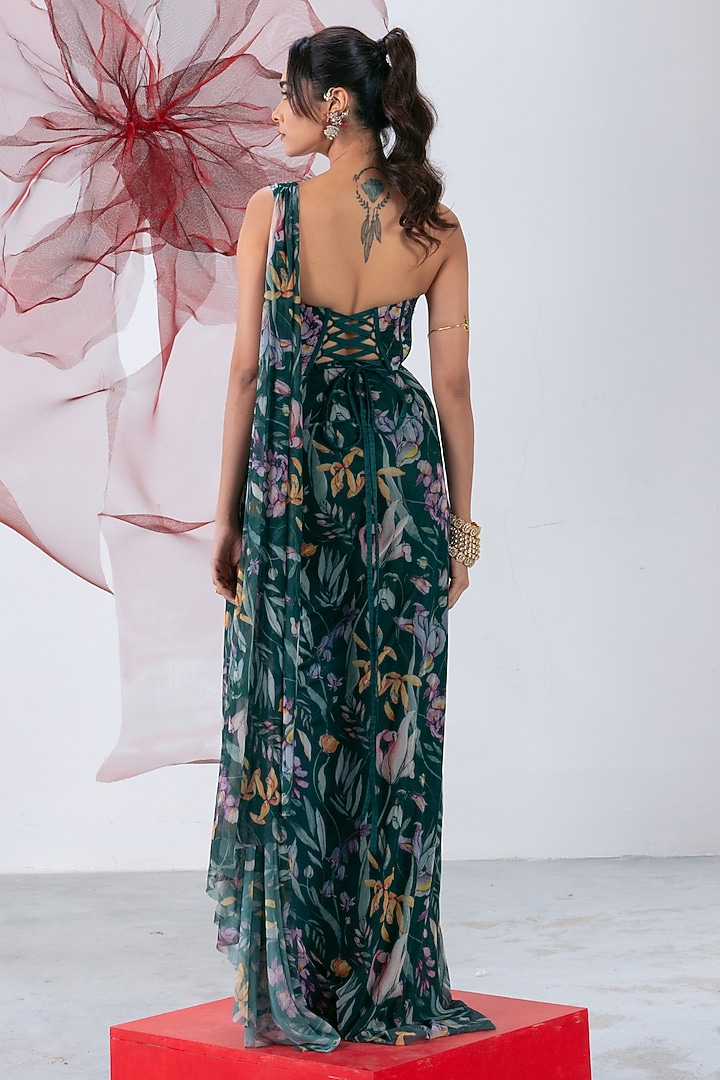 Green Mesh Lycra Printed Draped Wedding Saree Set by Vesture at Pernia's Pop Up Shop