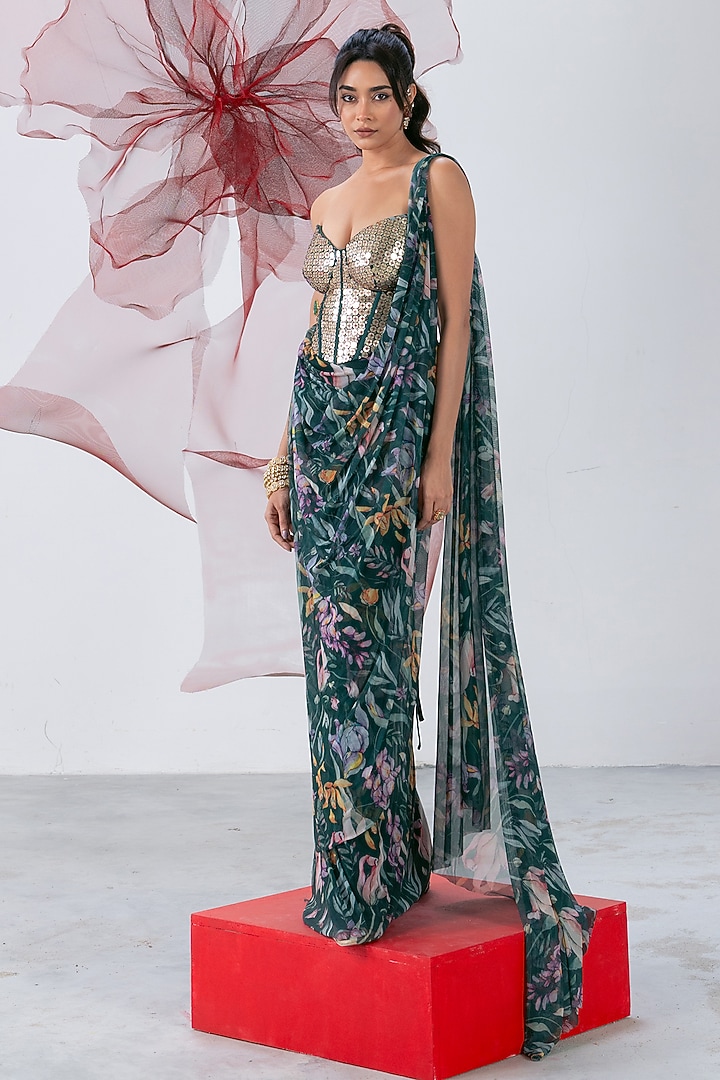 Green Mesh Lycra Printed Draped Wedding Saree Set by Vesture at Pernia's Pop Up Shop