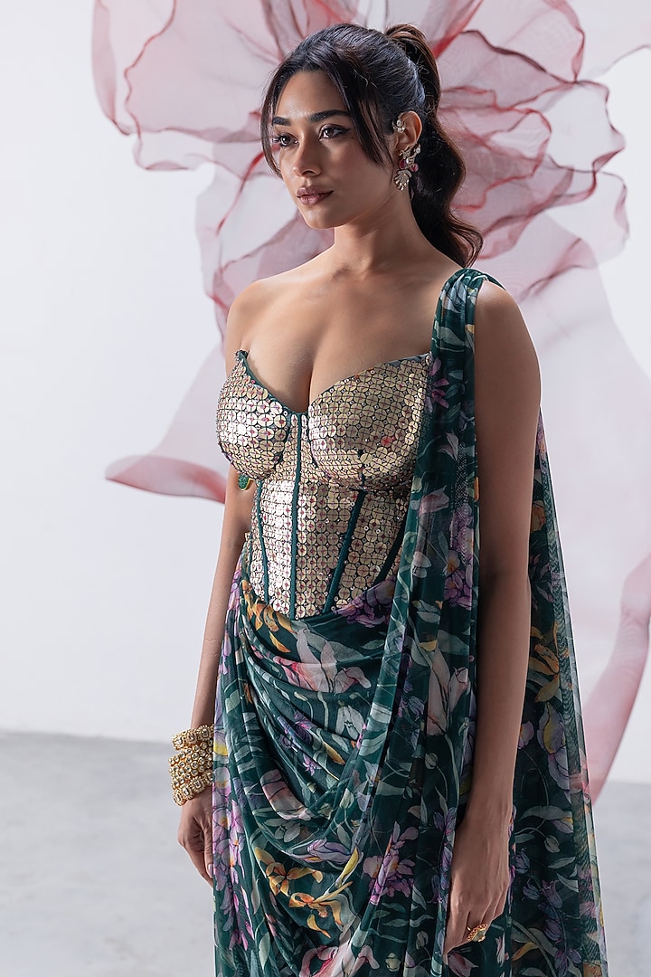 Green Mesh Lycra Printed Draped Wedding Saree Set by Vesture at Pernia's Pop Up Shop