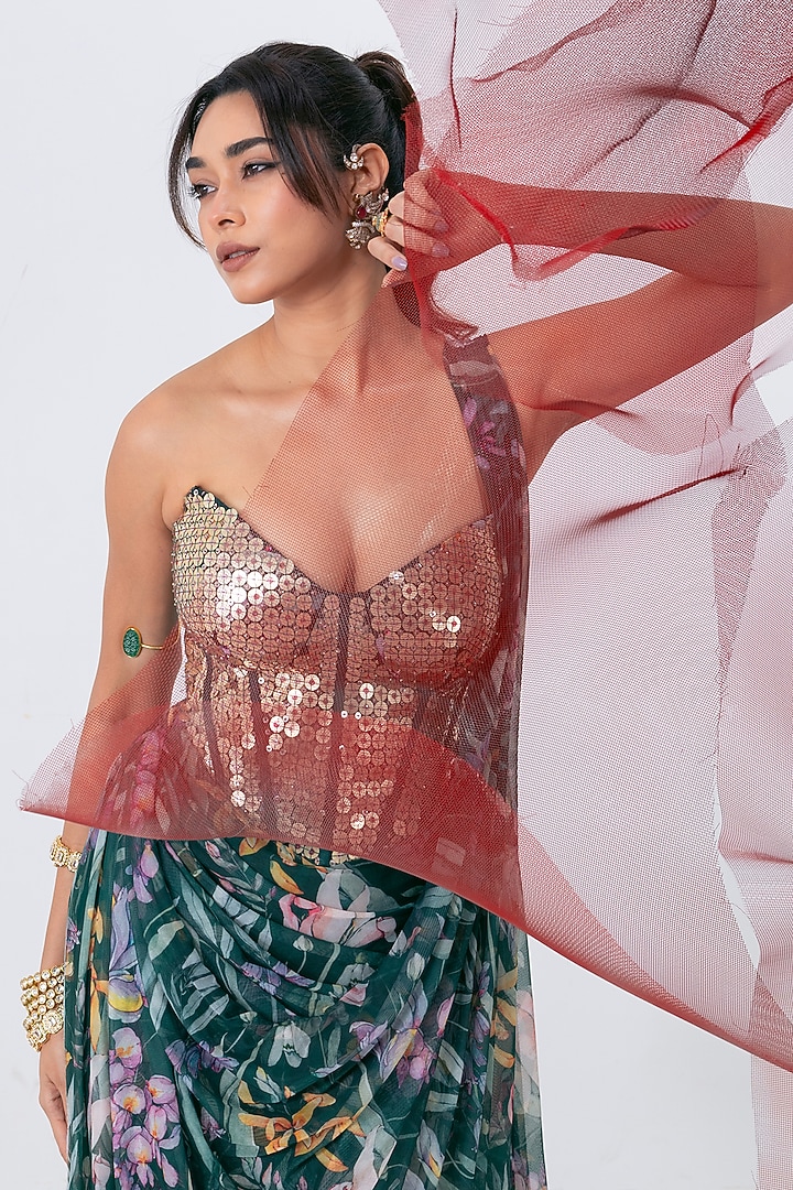 Green Mesh Lycra Printed Draped Wedding Saree Set by Vesture at Pernia's Pop Up Shop