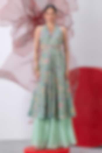 Green Organza Printed & Embroidered A-Line Kurta Set by Vesture at Pernia's Pop Up Shop