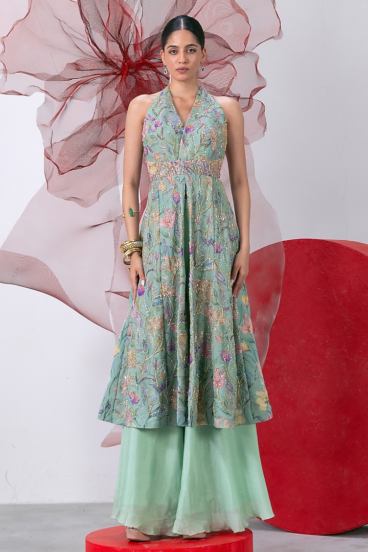 Green Organza Printed & Embroidered A-Line Kurta Set by Vesture at Pernia's Pop Up Shop
