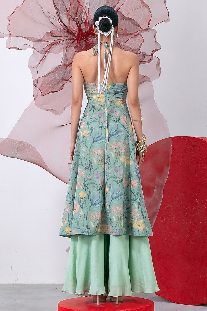 Green Organza Printed & Embroidered A-Line Kurta Set by Vesture at Pernia's Pop Up Shop