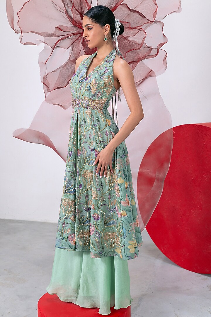Green Organza Printed & Embroidered A-Line Kurta Set by Vesture at Pernia's Pop Up Shop