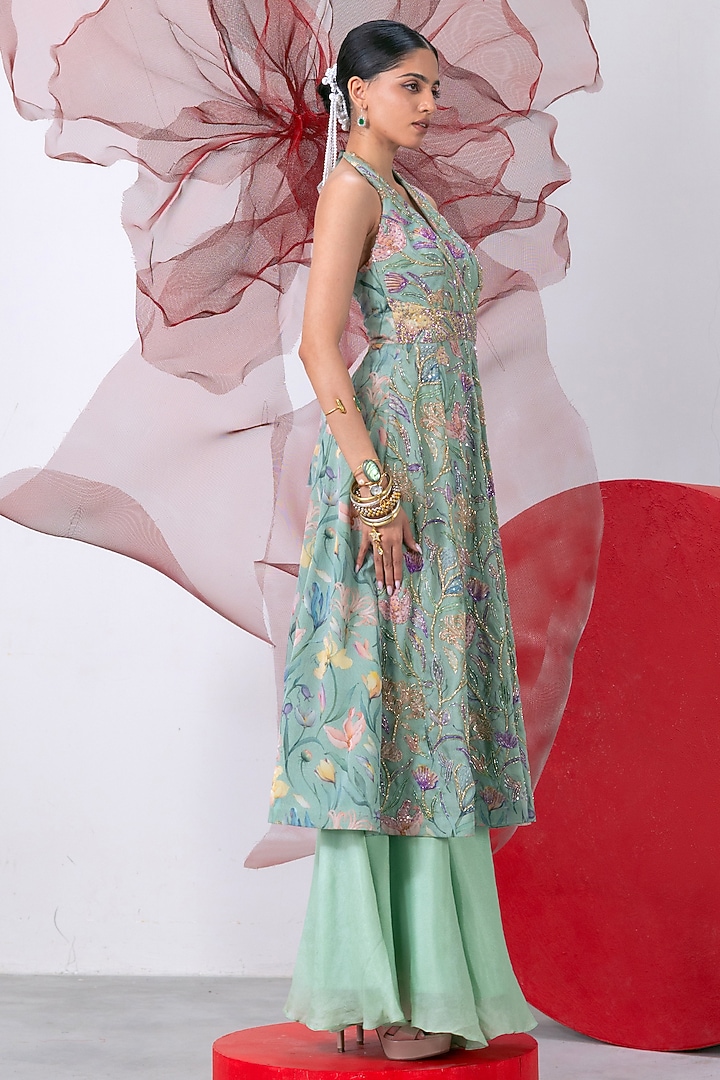 Green Organza Printed & Embroidered A-Line Kurta Set by Vesture at Pernia's Pop Up Shop