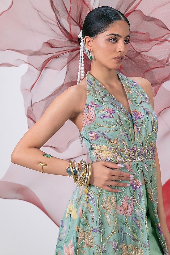 Green Organza Printed & Embroidered A-Line Kurta Set by Vesture at Pernia's Pop Up Shop