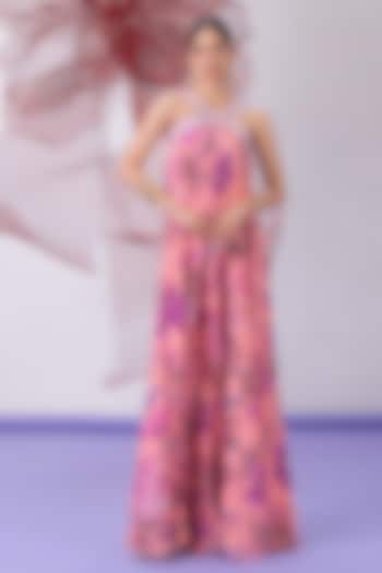 Pink Crepe Printed & Embellished Jumpsuit by Vesture at Pernia's Pop Up Shop