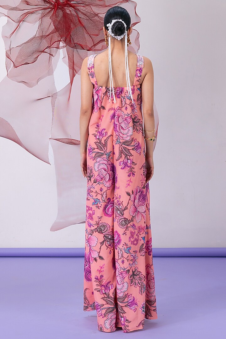 Pink Crepe Printed & Embellished Jumpsuit by Vesture at Pernia's Pop Up Shop