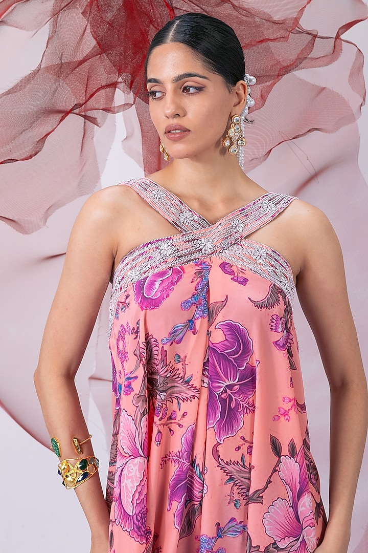 Pink Crepe Printed & Embellished Jumpsuit by Vesture at Pernia's Pop Up Shop