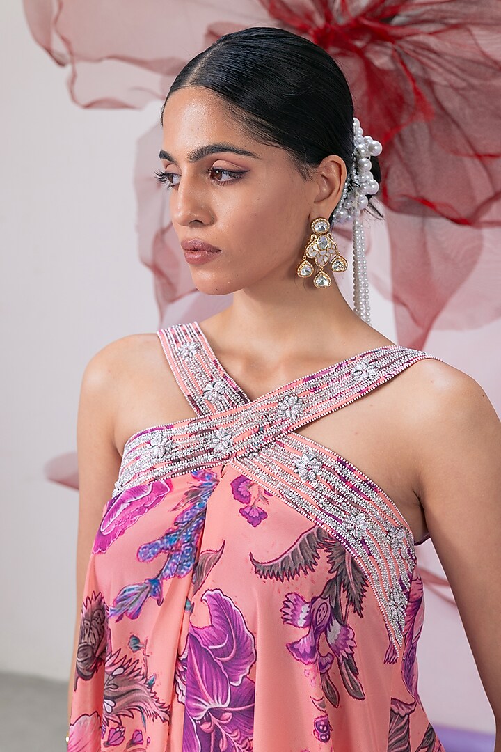 Pink Crepe Printed & Embellished Jumpsuit by Vesture at Pernia's Pop Up Shop