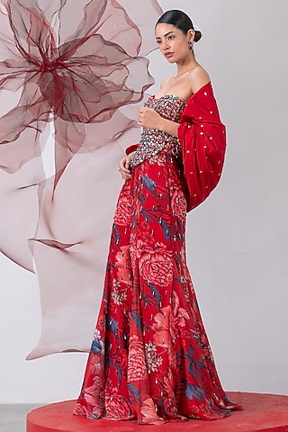 Red Organza Printed Fish-Cut Skirt Set by Vesture