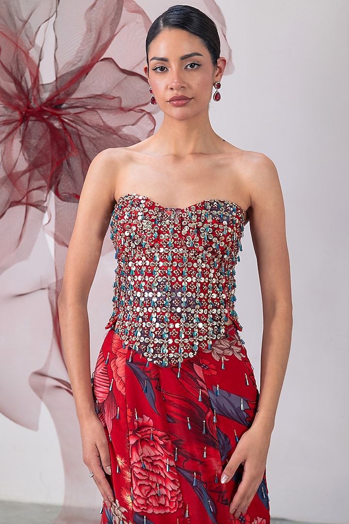 Red Organza Printed Fish-Cut Skirt Set by Vesture at Pernia's Pop Up Shop