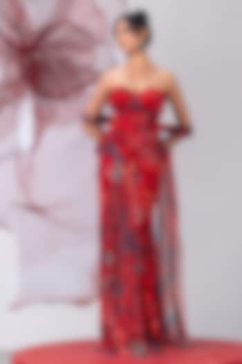 Red Mesh Lycra Printed Skirt Set by Vesture at Pernia's Pop Up Shop