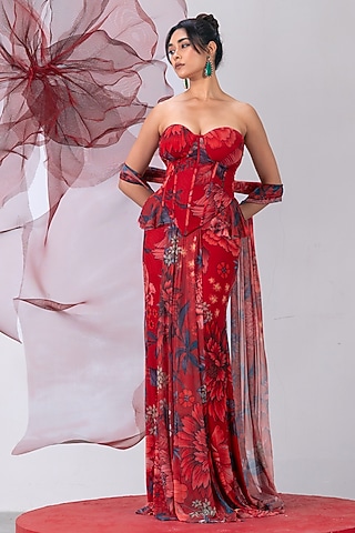 Red Mesh Lycra Printed Skirt Set by Vesture