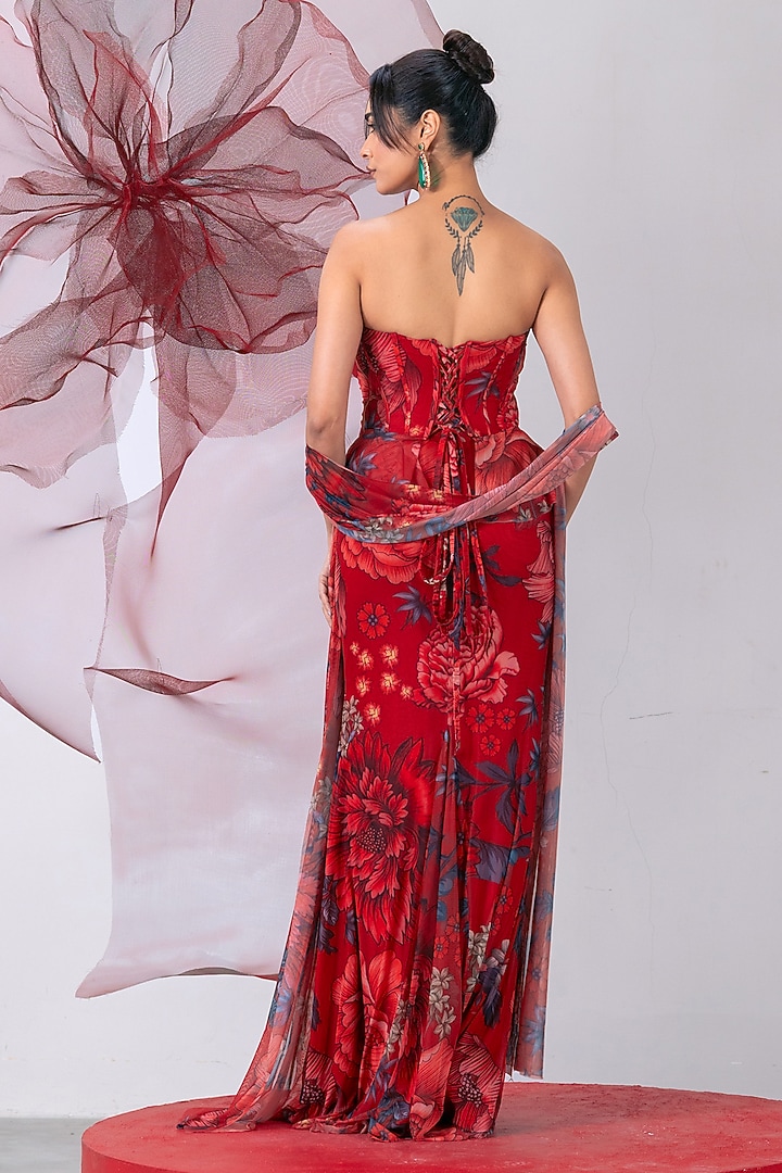 Red Mesh Lycra Printed Skirt Set by Vesture at Pernia's Pop Up Shop
