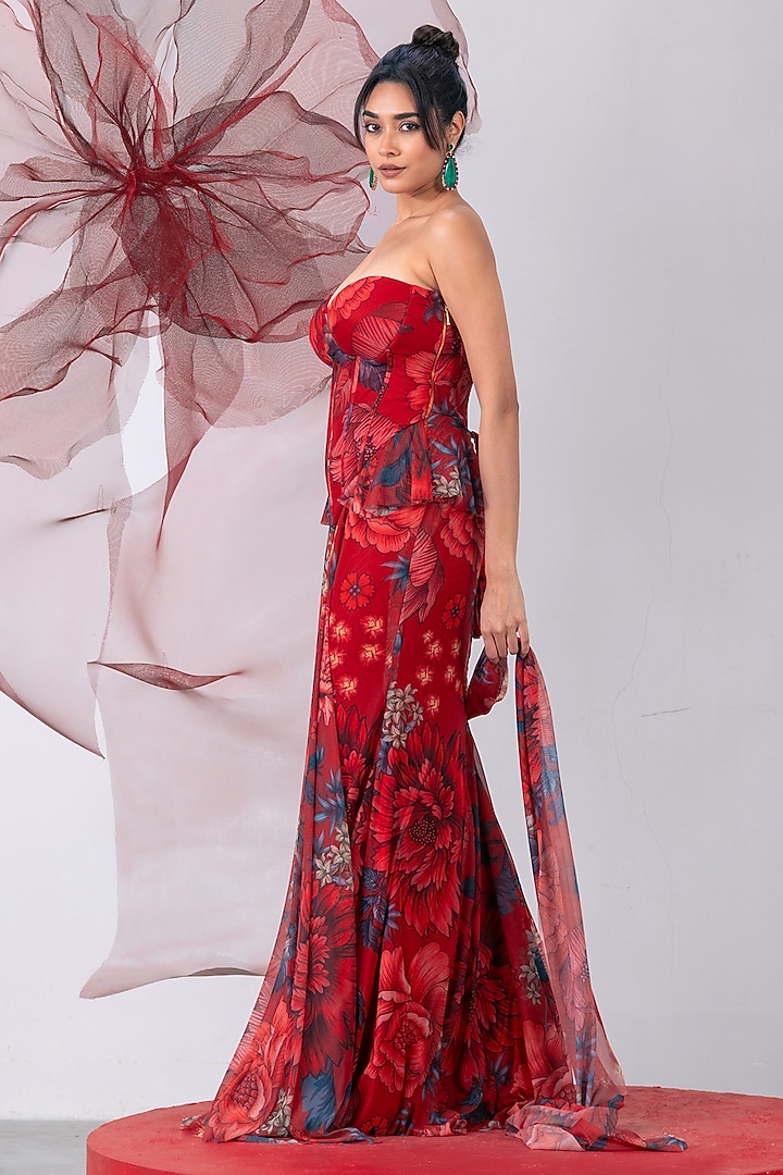 Red Mesh Lycra Printed Skirt Set by Vesture at Pernia's Pop Up Shop