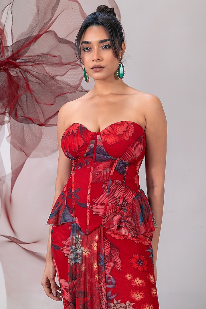 Red Mesh Lycra Printed Skirt Set by Vesture at Pernia's Pop Up Shop