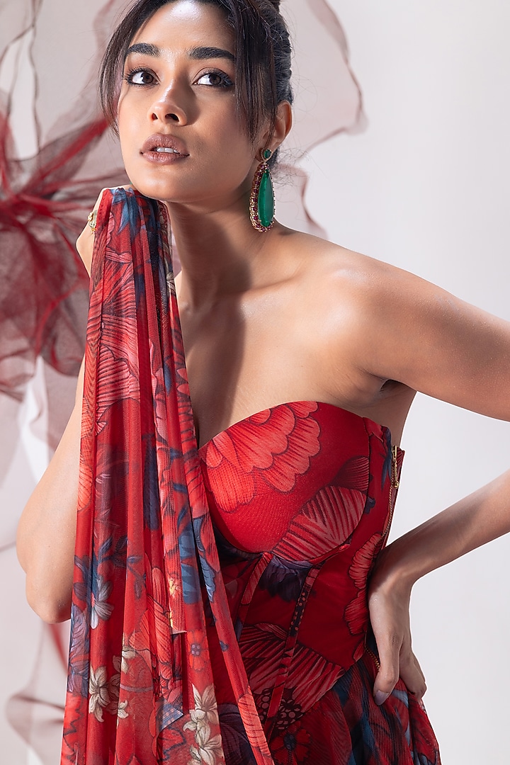 Red Mesh Lycra Printed Skirt Set by Vesture at Pernia's Pop Up Shop