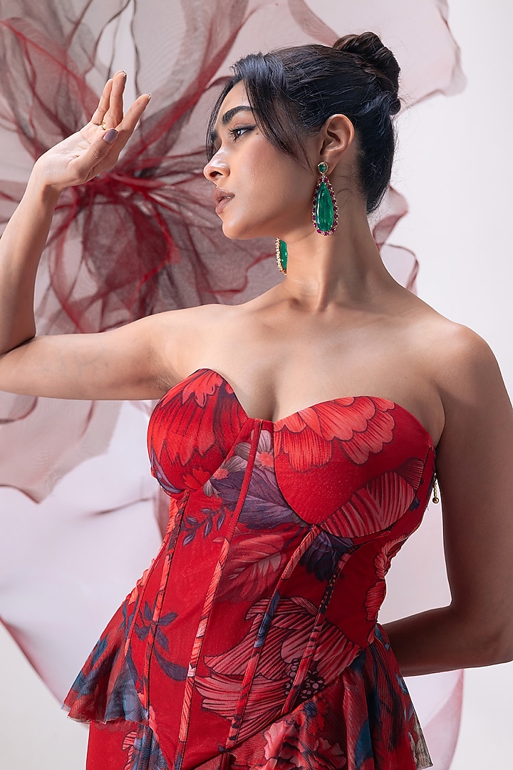 Red Mesh Lycra Printed Skirt Set by Vesture at Pernia's Pop Up Shop