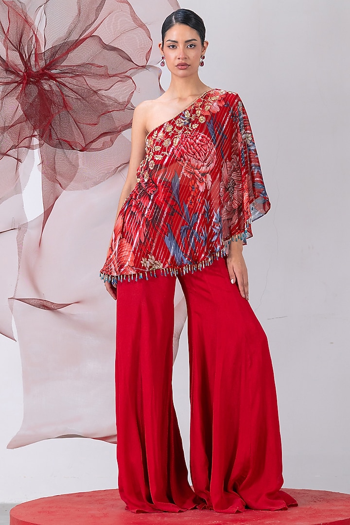 Red Crepe Printed Palazzo Pant Set by Vesture at Pernia's Pop Up Shop