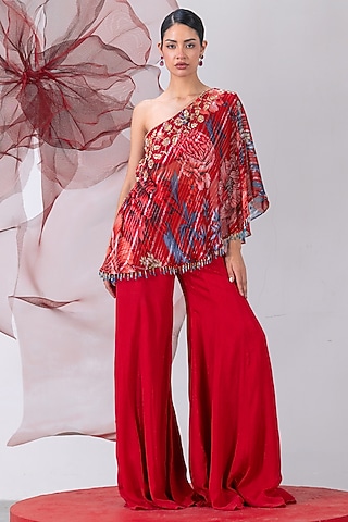 Red Crepe Printed Palazzo Pant Set by Vesture