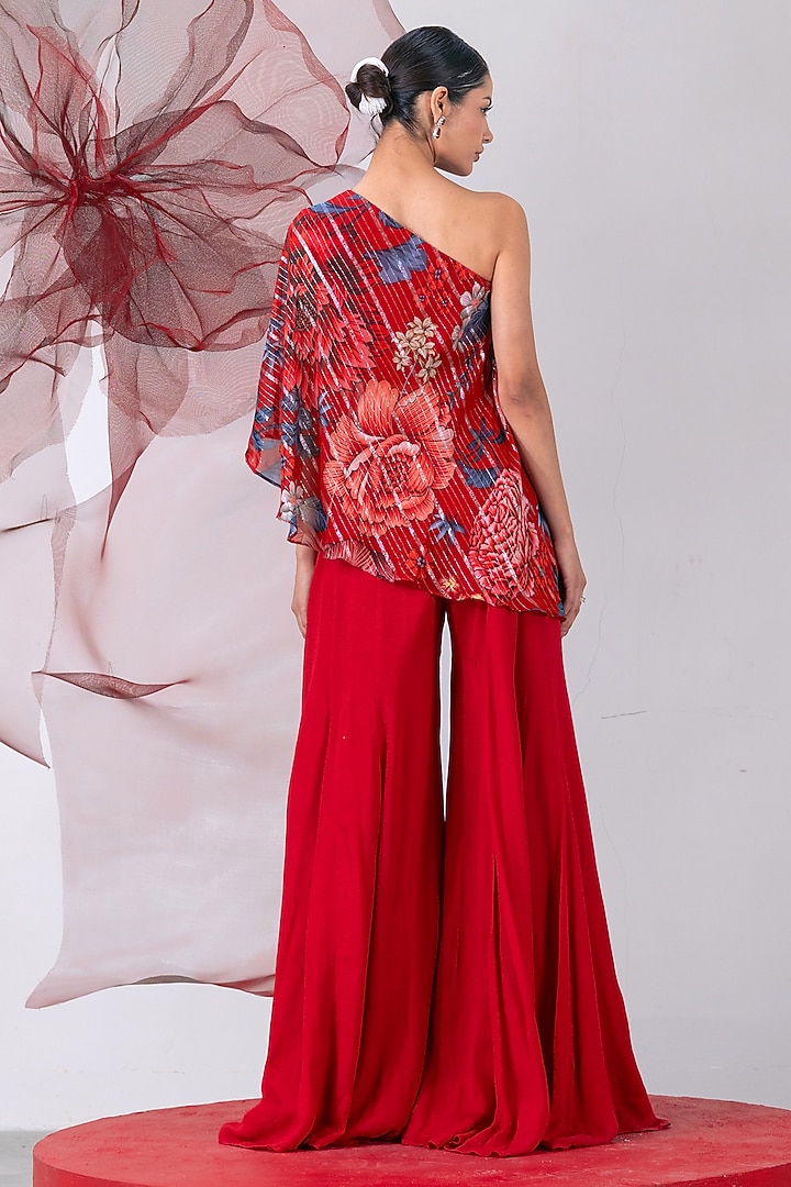 Red Crepe Printed Palazzo Pant Set by Vesture at Pernia's Pop Up Shop