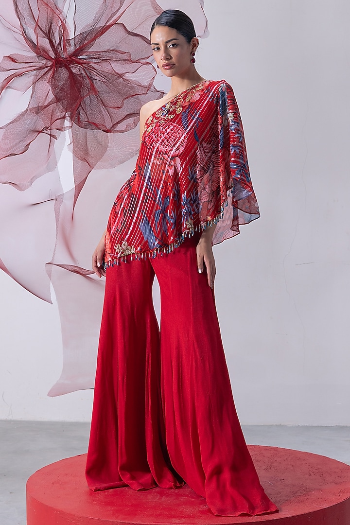 Red Crepe Printed Palazzo Pant Set by Vesture at Pernia's Pop Up Shop