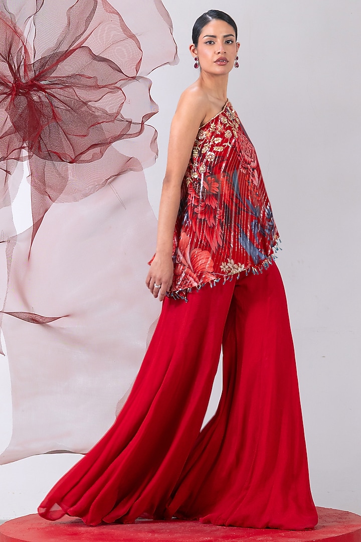 Red Crepe Printed Palazzo Pant Set by Vesture at Pernia's Pop Up Shop