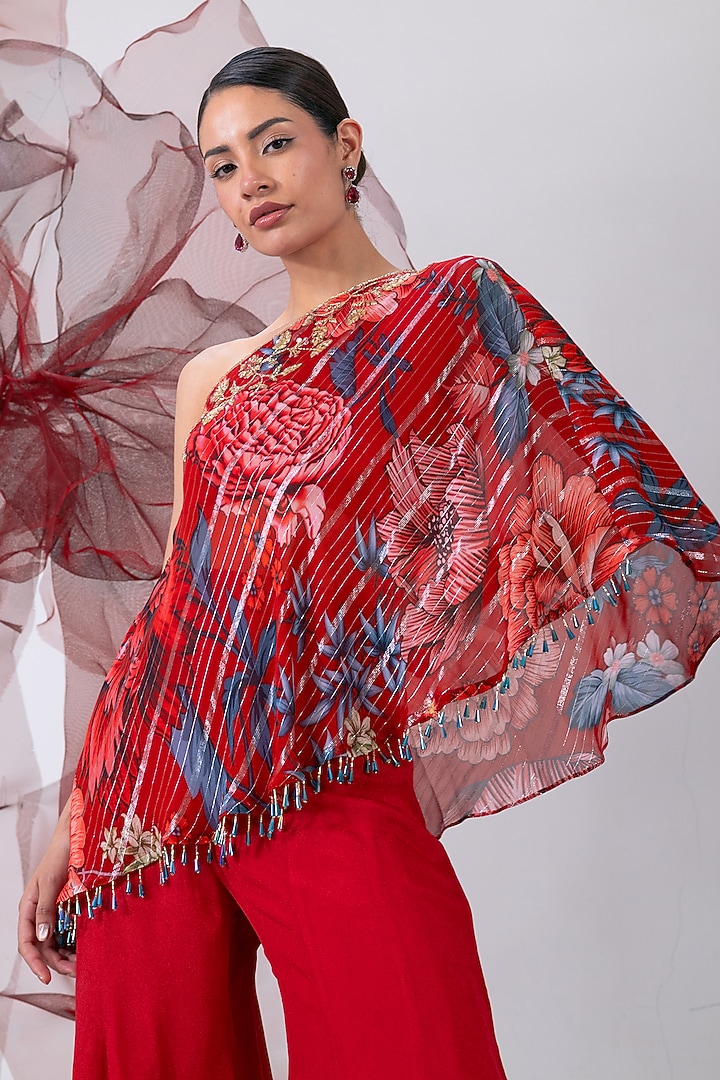 Red Crepe Printed Palazzo Pant Set by Vesture at Pernia's Pop Up Shop