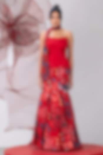Red Organza Printed Skirt Set by Vesture at Pernia's Pop Up Shop