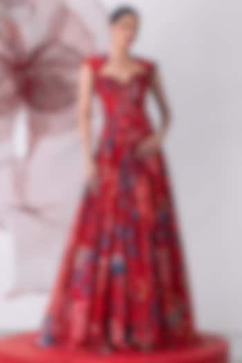 Red Organza Printed Flared Skirt Set by Vesture at Pernia's Pop Up Shop