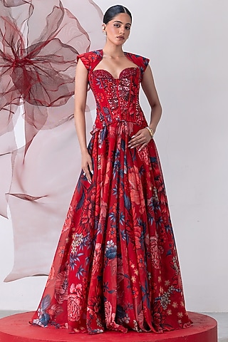 Red Organza Printed Flared Skirt Set by Vesture