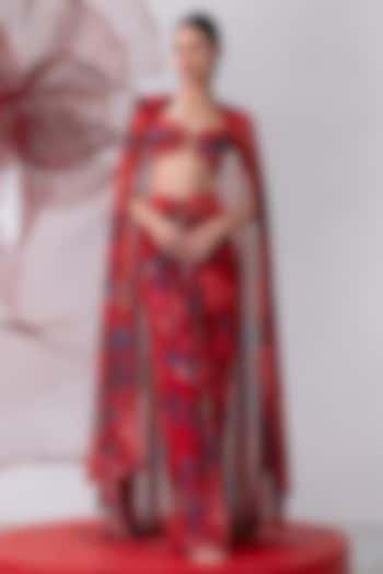Red Mesh Lycra Printed Draped Skirt Set by Vesture at Pernia's Pop Up Shop