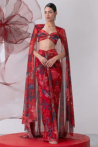 Red Mesh Lycra Printed Draped Skirt Set by Vesture