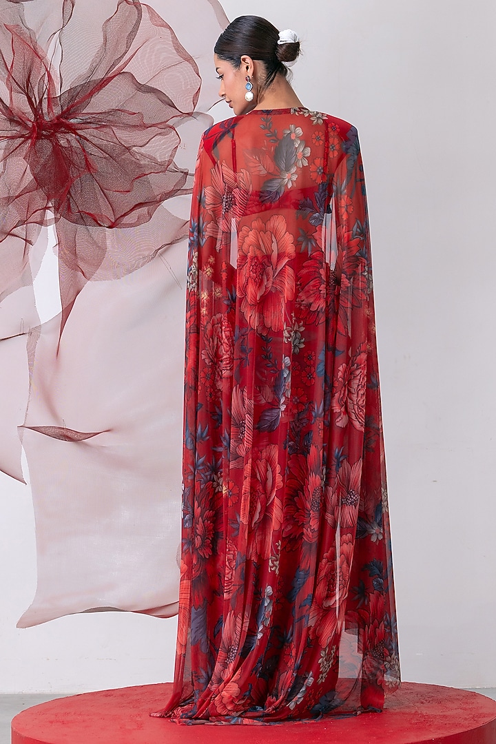 Red Mesh Lycra Printed Draped Skirt Set by Vesture at Pernia's Pop Up Shop